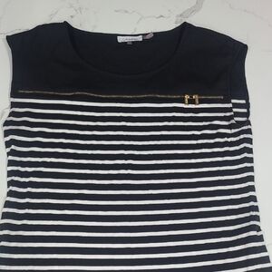 Calvin Klein Black and White Striped Blouse with Gold Zipper